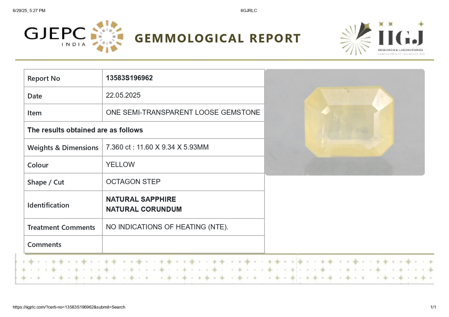 Natural Yellow Sapphire (Pukhraj) 7.36 Carats