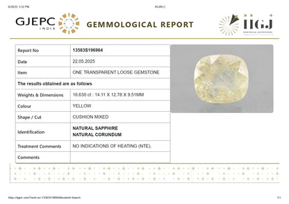 Natural Yellow Sapphire (Pukhraj) 16.63 Carats
