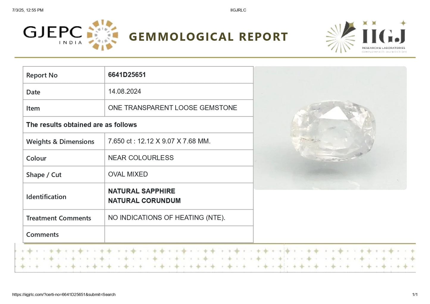 NATURAL WHITE SAPPHIRE 7.65 CARATS