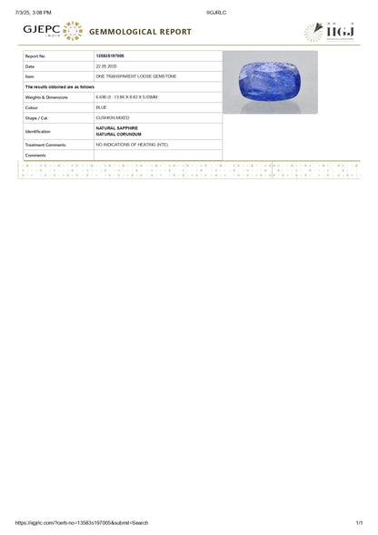 Natural Blue Sapphire (Neelam) 6.69 Carats