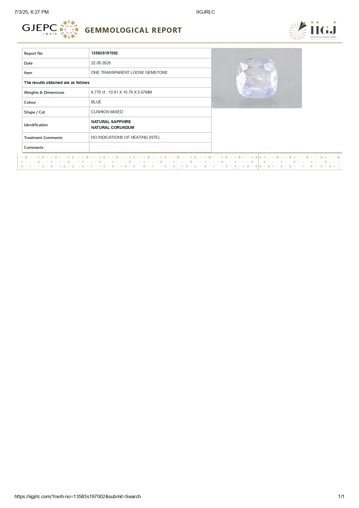 Natural Blue Sapphire (Neelam) 6.77 Carats