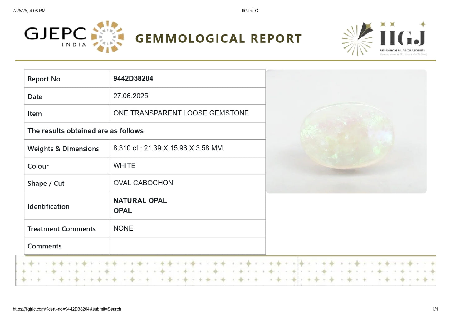 Natural Opal 8.31 Carats