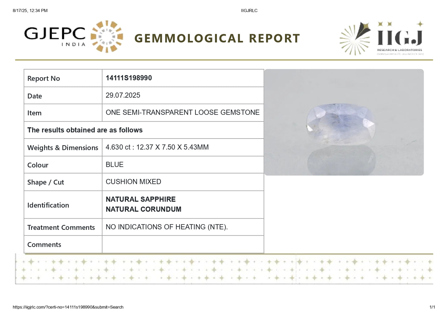NATURAL BLUE SAPPHIRE (NEELAM) 4.63 CARATS