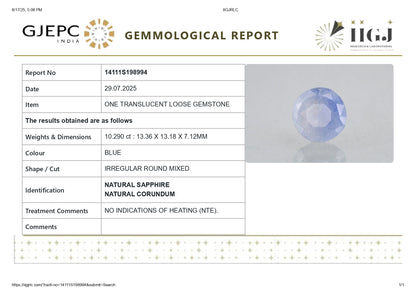 Natural Blue Sapphire (Neelam) 10.29 Carats
