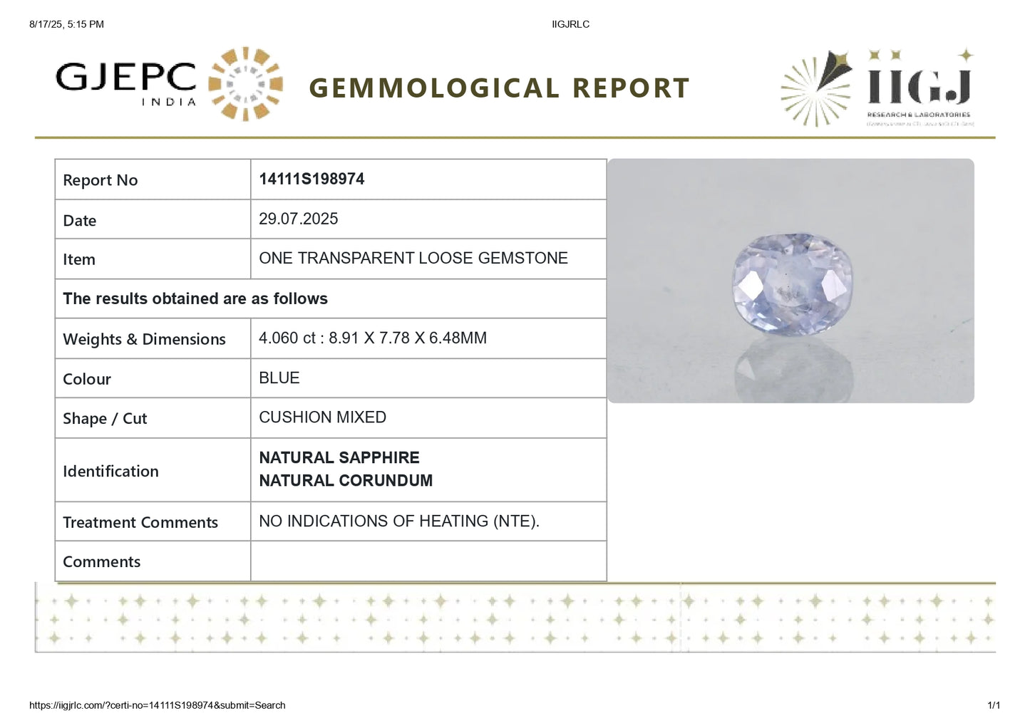 Natural Blue Sapphire (Neelam) 4.06 Carats