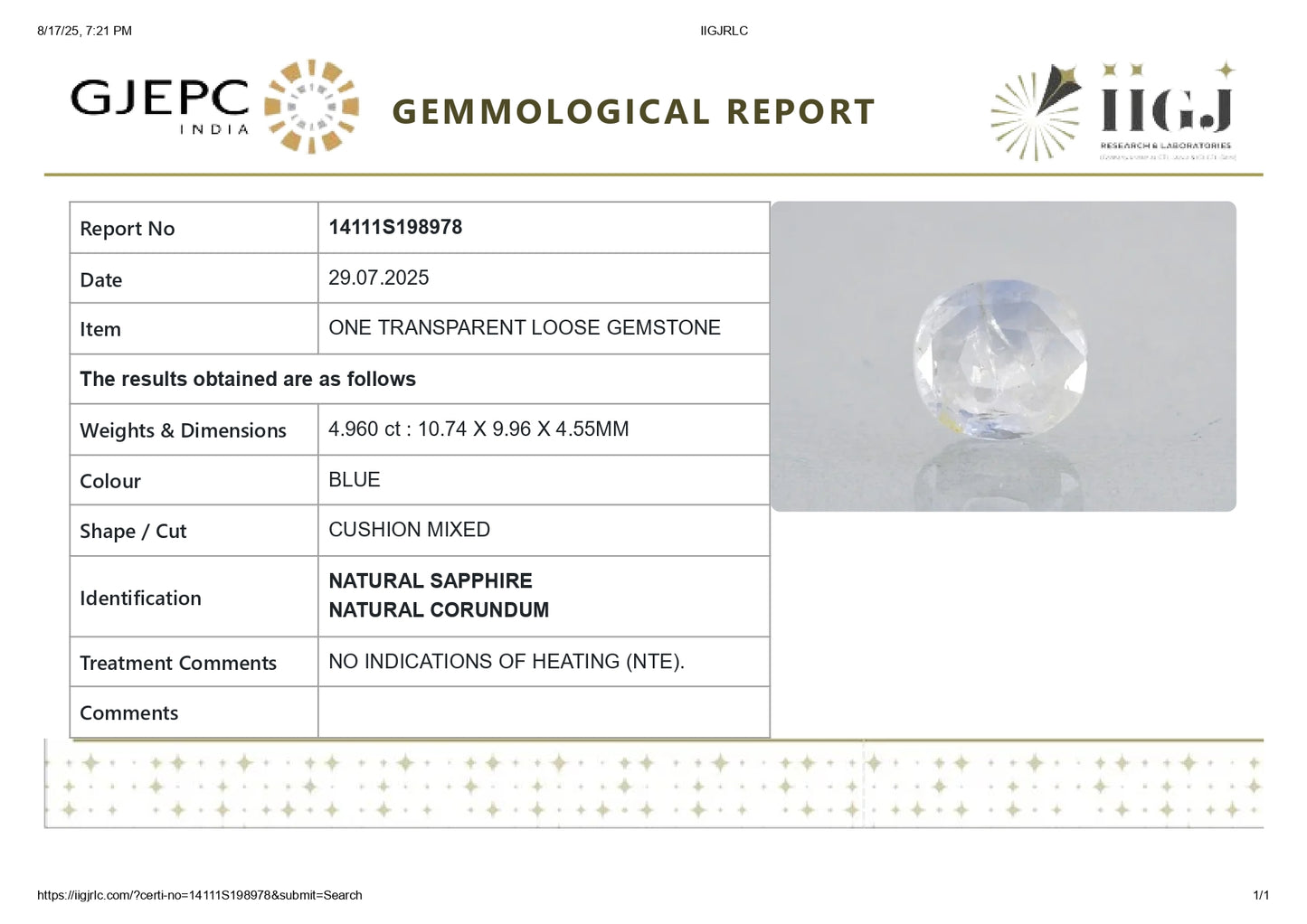 Natural Blue Sapphire (Neelam) 4.96 Carats