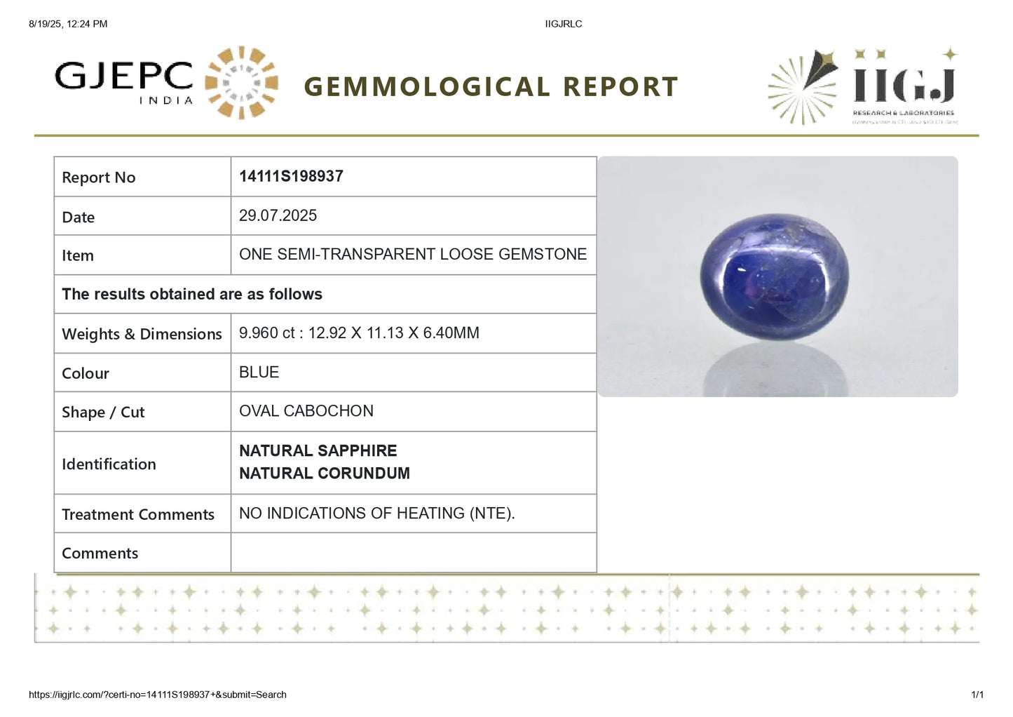 Natural Blue Sapphire (Neelam) 9.96 Carats