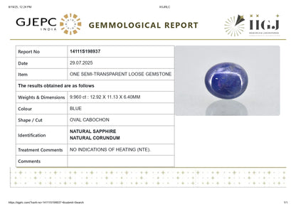 Natural Blue Sapphire (Neelam) 9.96 Carats