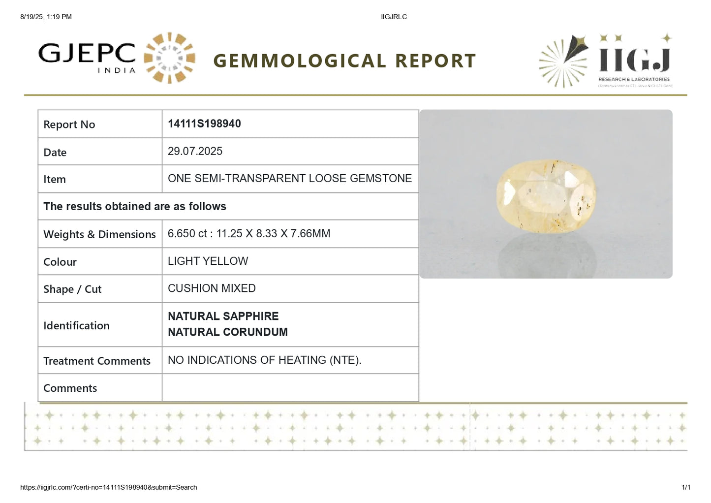 Natural Yellow Sapphire (Pukhraj) 6.65 Carats