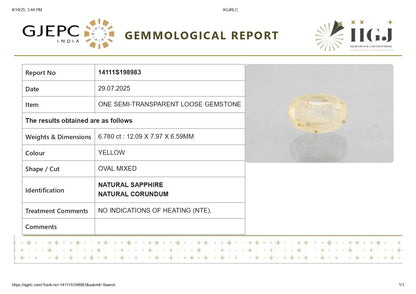 NATURAL YELLOW SAPPHIRE (PUKHRAJ) 6.78 CARATS