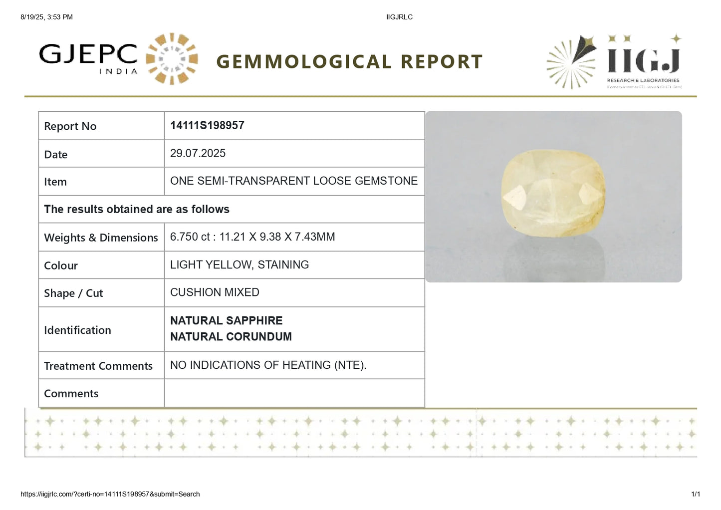 NATURAL YELLOW SAPPHIRE (PUKHRAJ) 6.75 CARATS