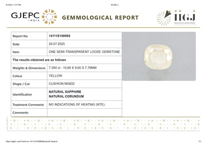 Natural Yellow Sapphire (Pukhraj) 7.39 Carats