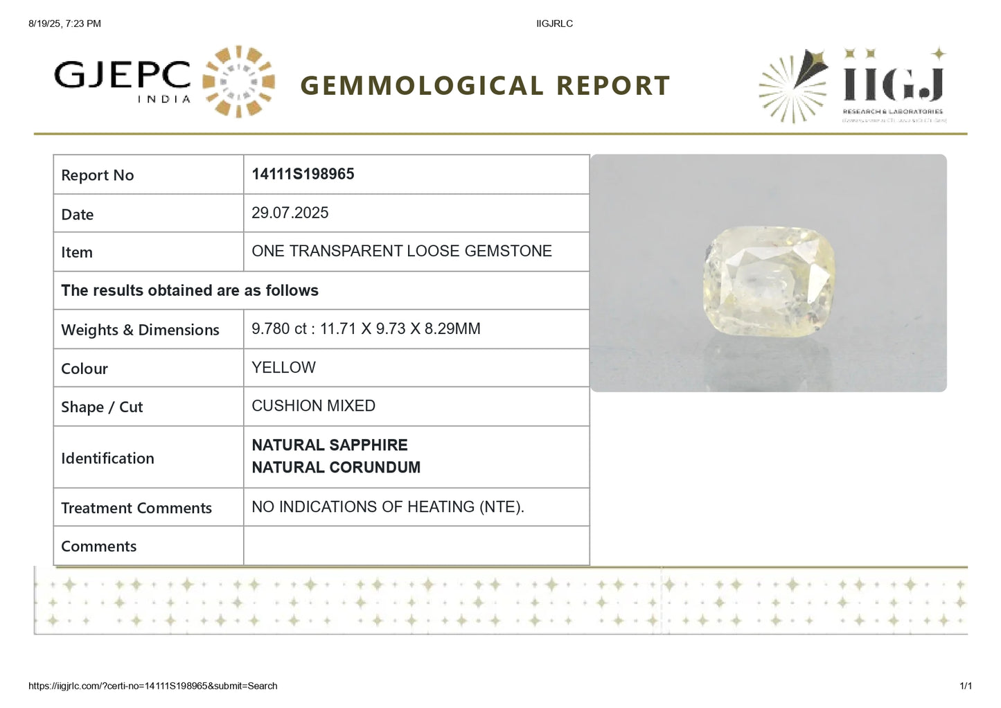 Natural Yellow Sapphire (Pukhraj) 9.78 Carats