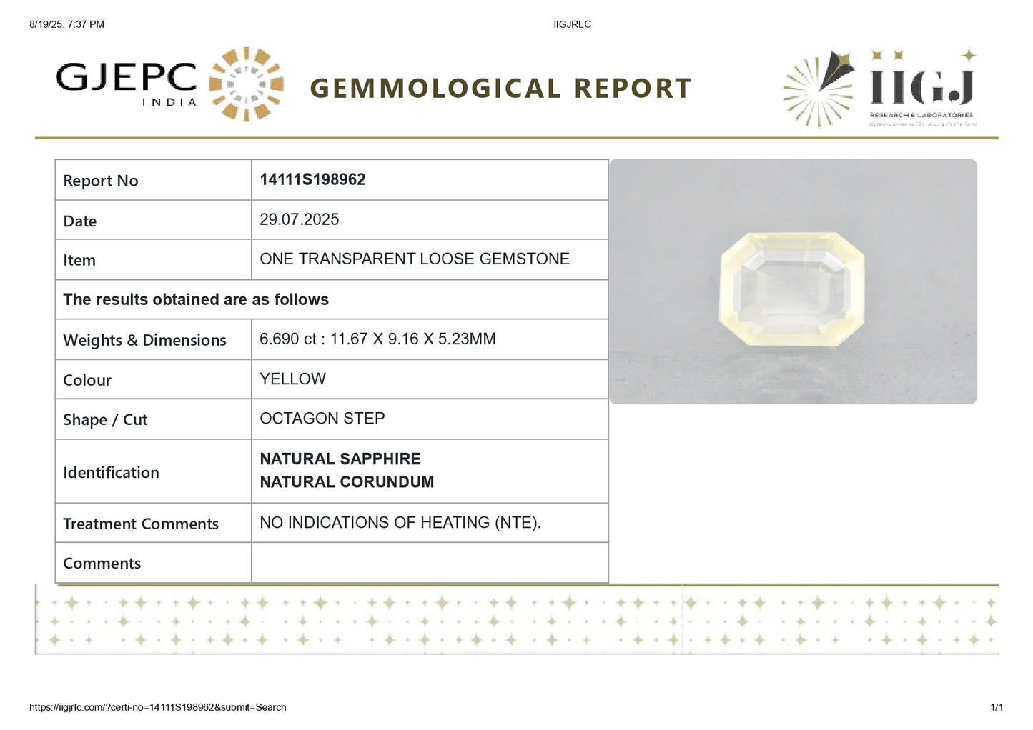 Natural Yellow Sapphire (Pukhraj) 6.69 Carats