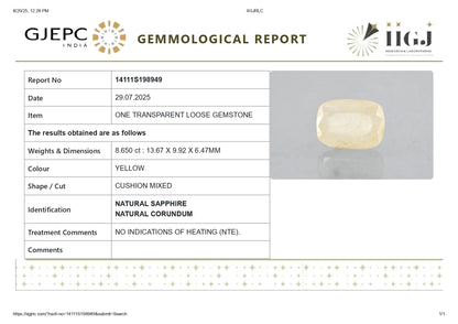 Natural Yellow Sapphire (Pukhraj) 8.65 Carats