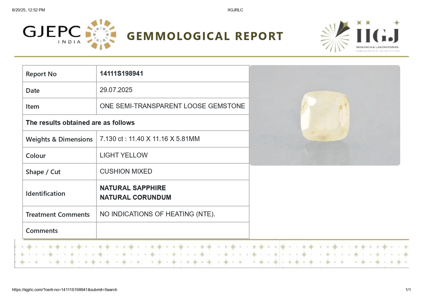 Natural Yellow Sapphire (Pukhraj) 7.13 Carats