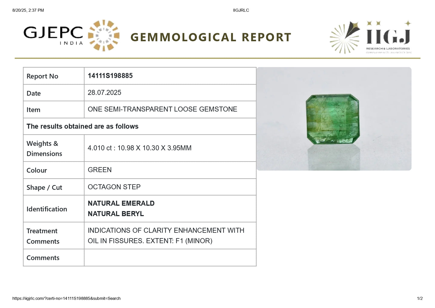 Natural Zambian Emerald (Panna) 4.01 Carats