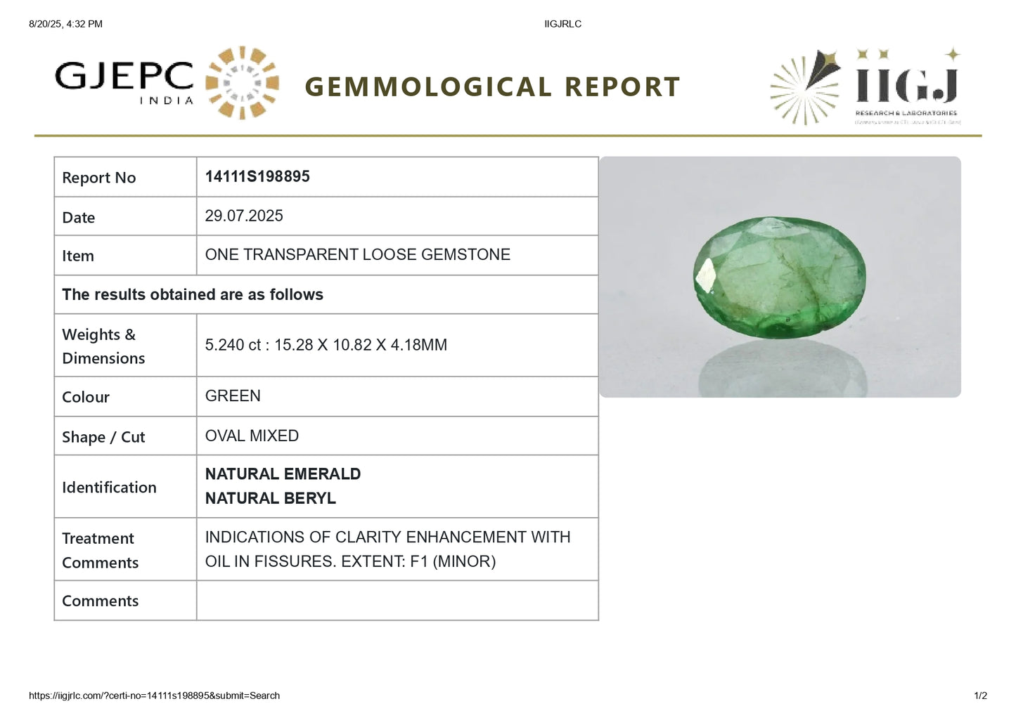 Natural Zambian Emerald (Panna) 5.24 Carats