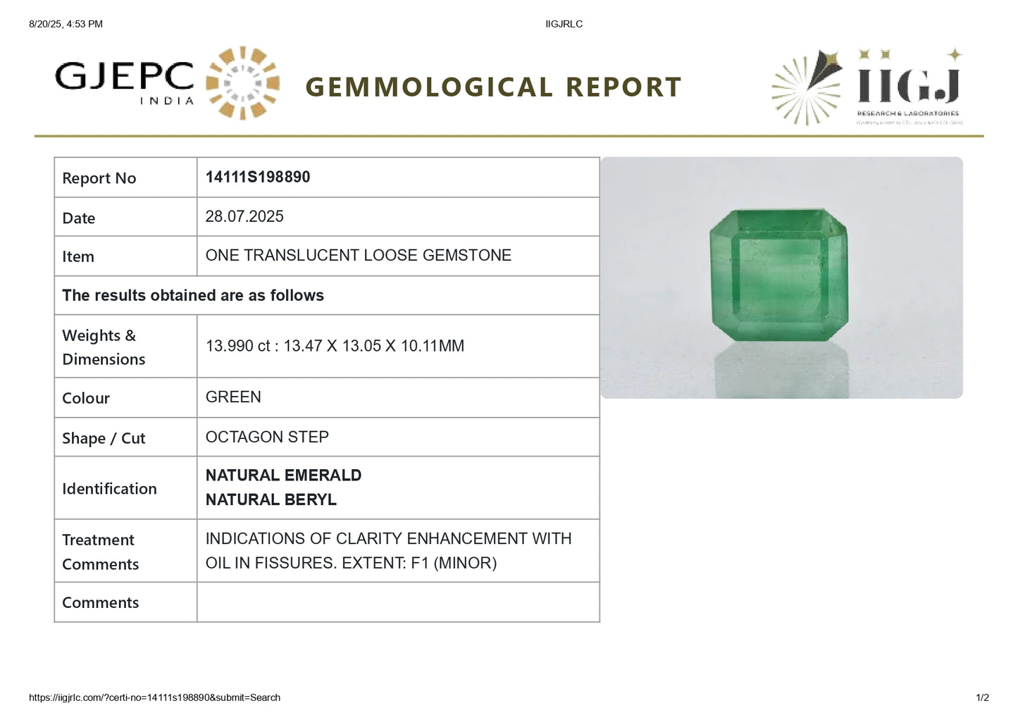Natural Zambian Emerald (Panna) 13.99 Carats
