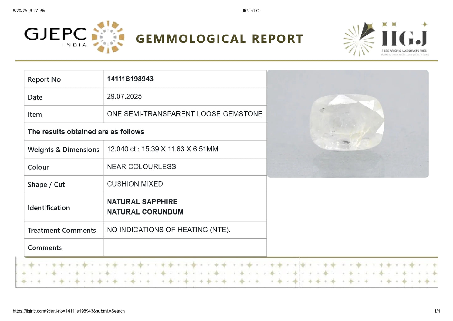 Natural White Sapphire 12.04 Carats