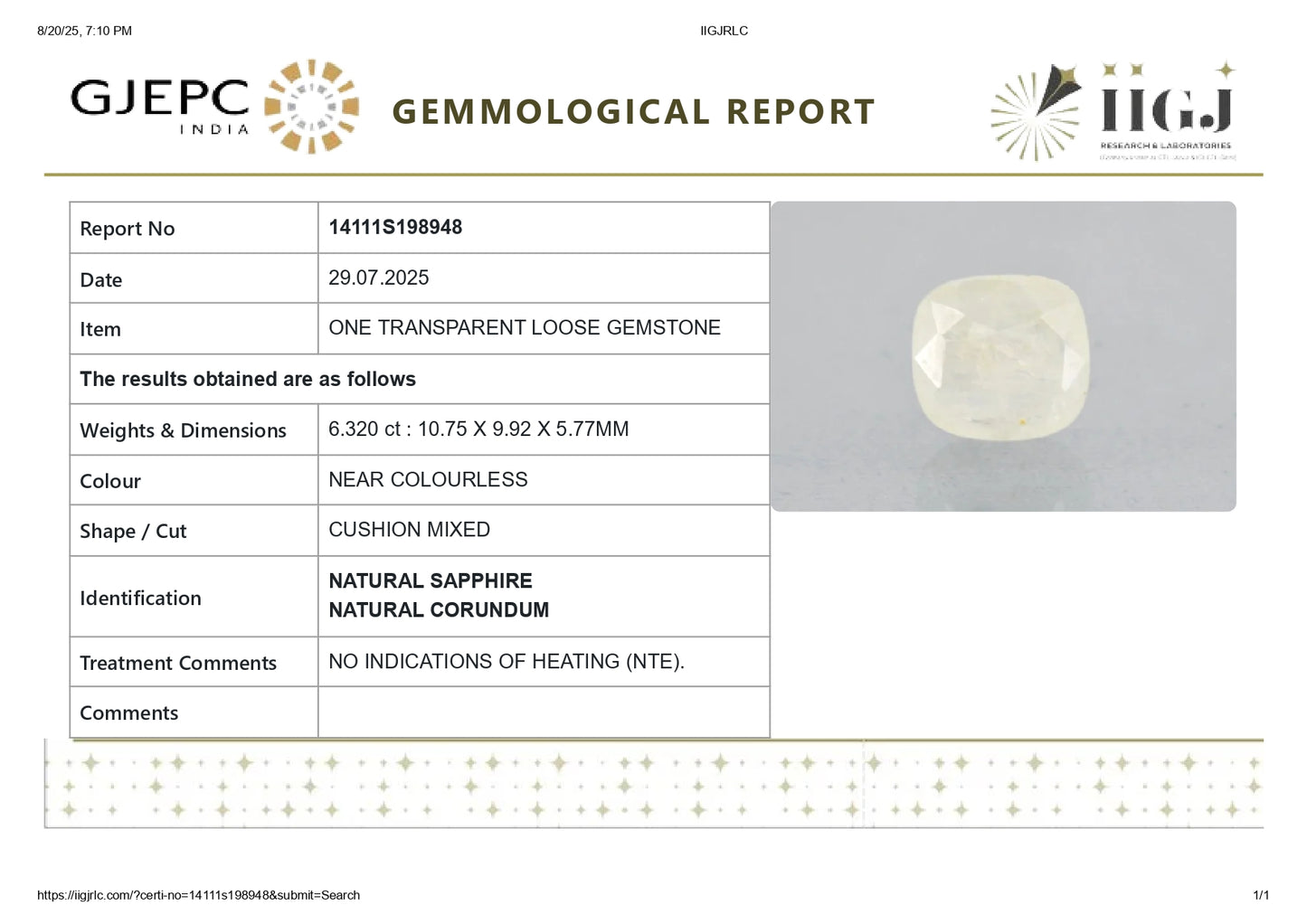 Natural White Sapphire 6.32 Carats