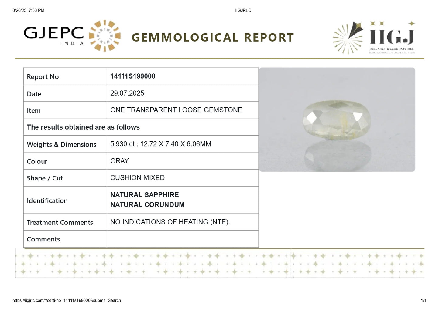 Natural White Sapphire 5.93 Carats