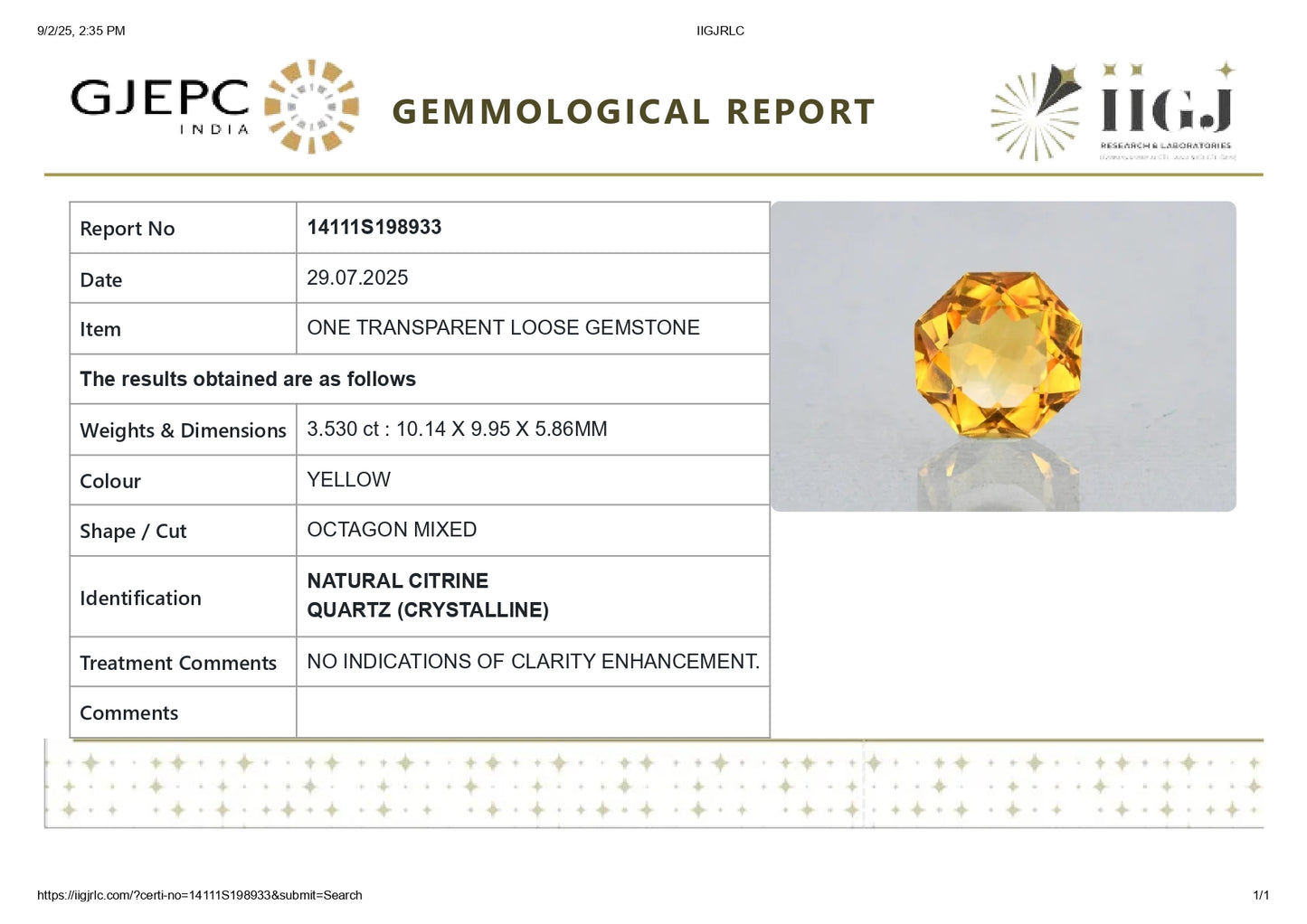 NATURAL CITRINE 3.53 CARATS
