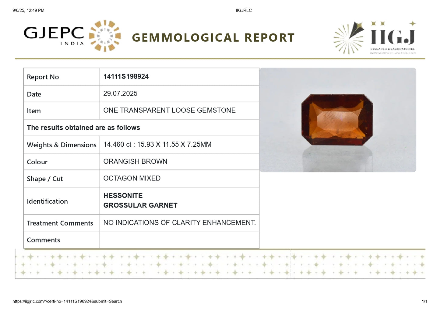 Natural African Hessonite (Gomed) 14.46 Carats