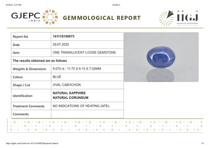 Natural Blue Sapphire (Neelam) 8.07 Carats