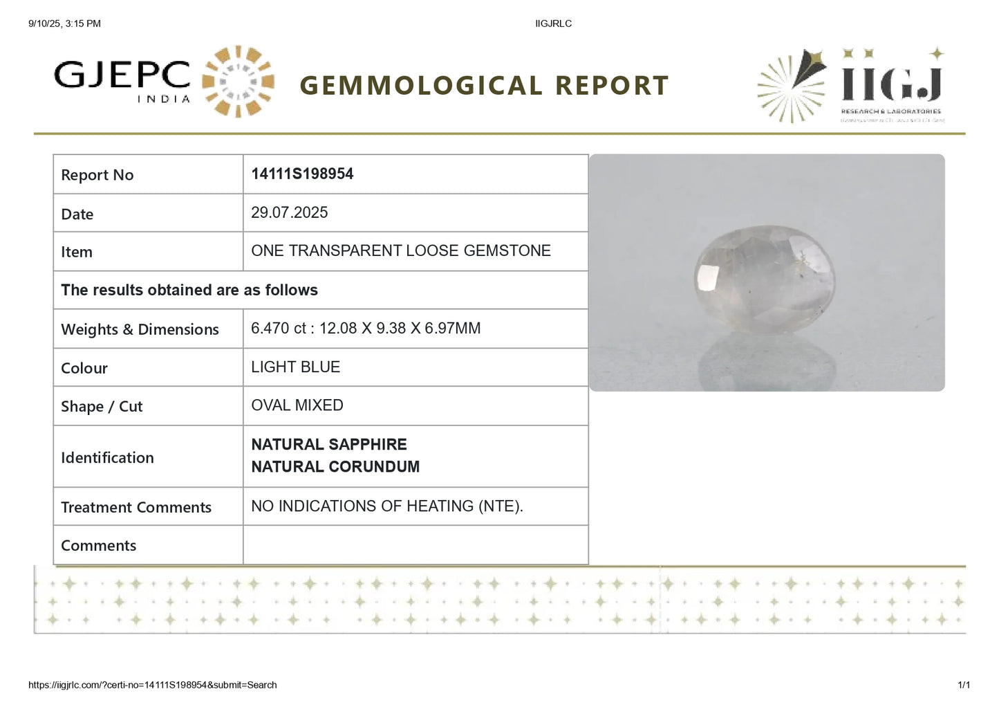 Natural Blue Sapphire (Neelam) 6.47 Carats