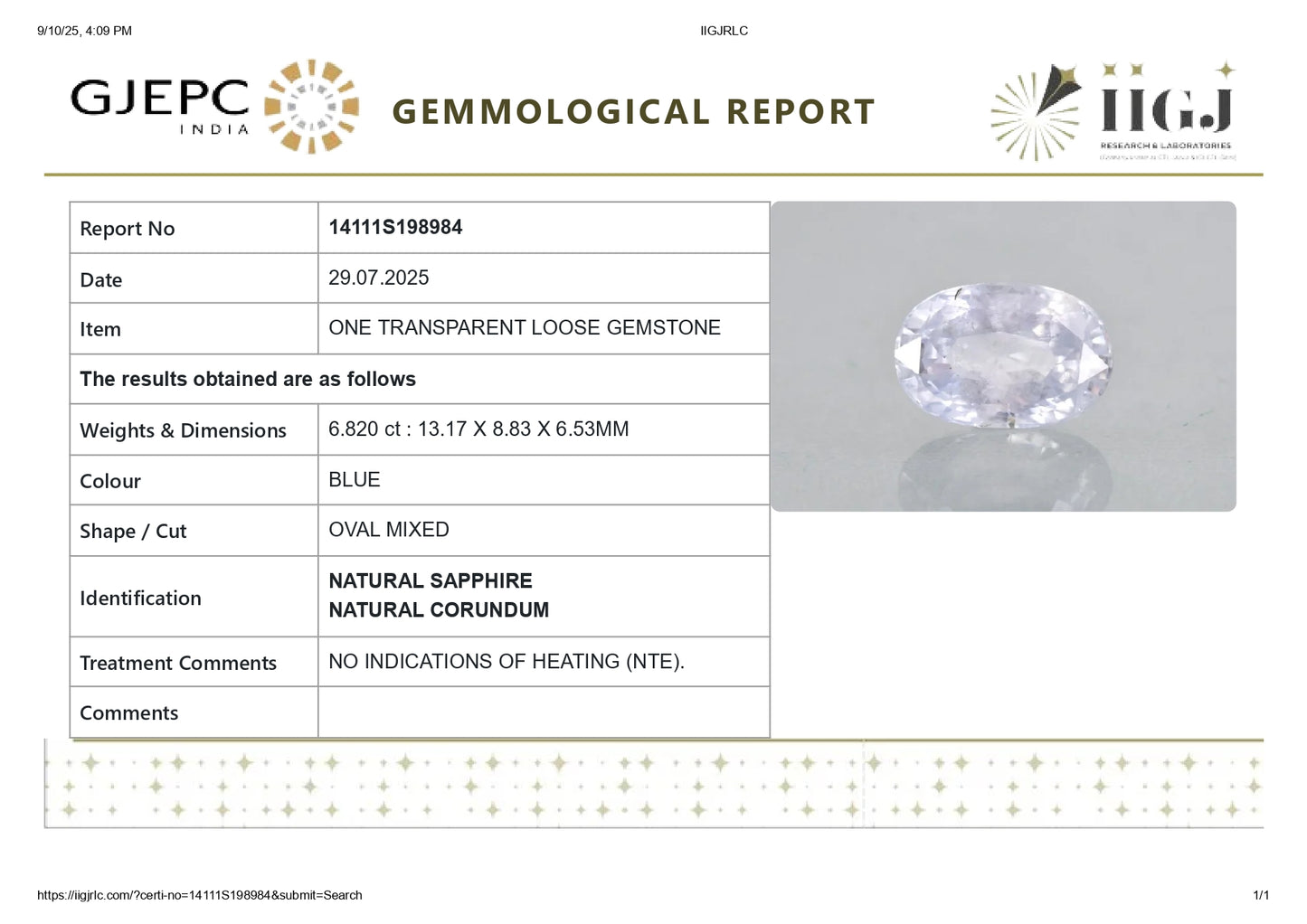 Natural Blue Sapphire (Neelam) 6.82 Carats