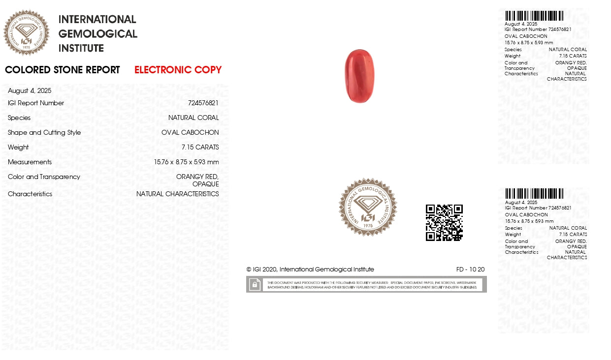 NATURAL RED CORAL (Moonga) 7.15 CARATS
