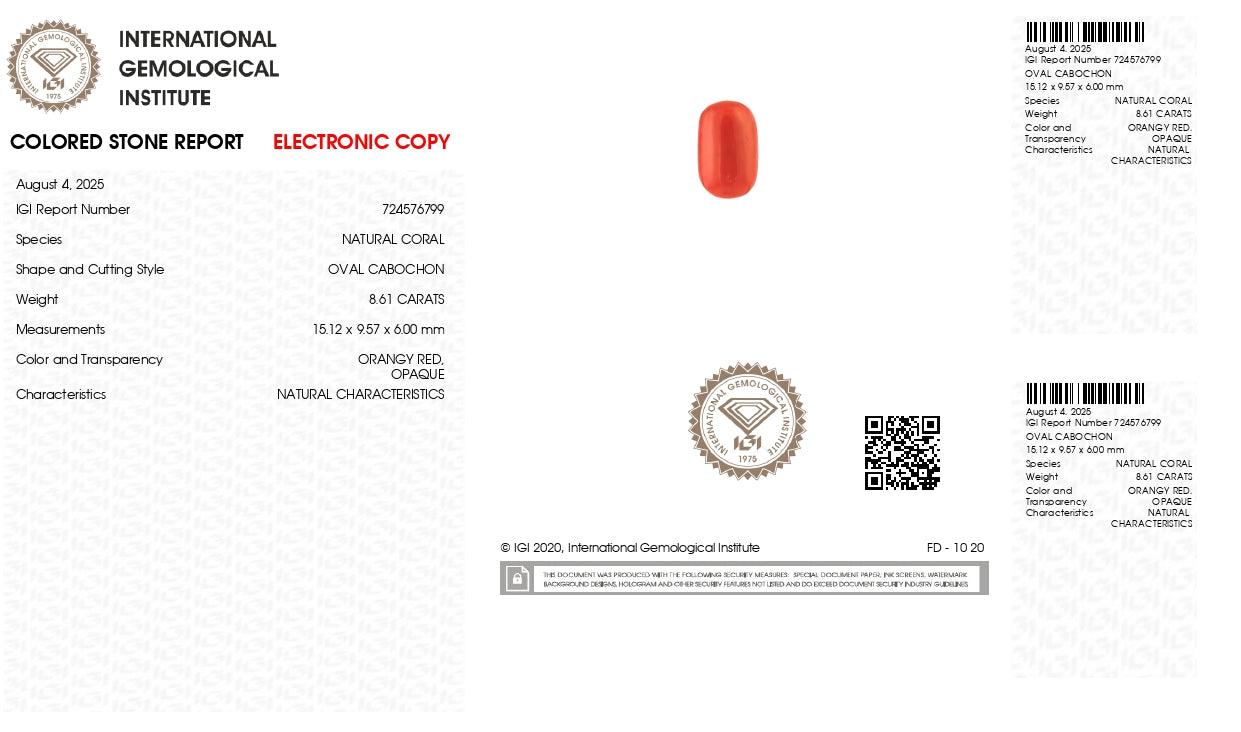 Natural Italian Red Coral (Moonga) 8.61 Carats