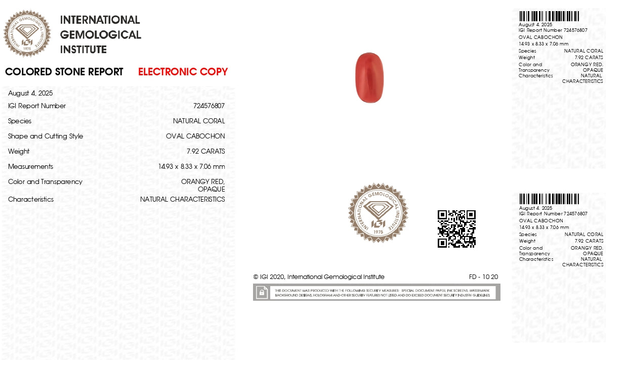 NATURAL RED CORAL (Moonga) 7.92 CARATS