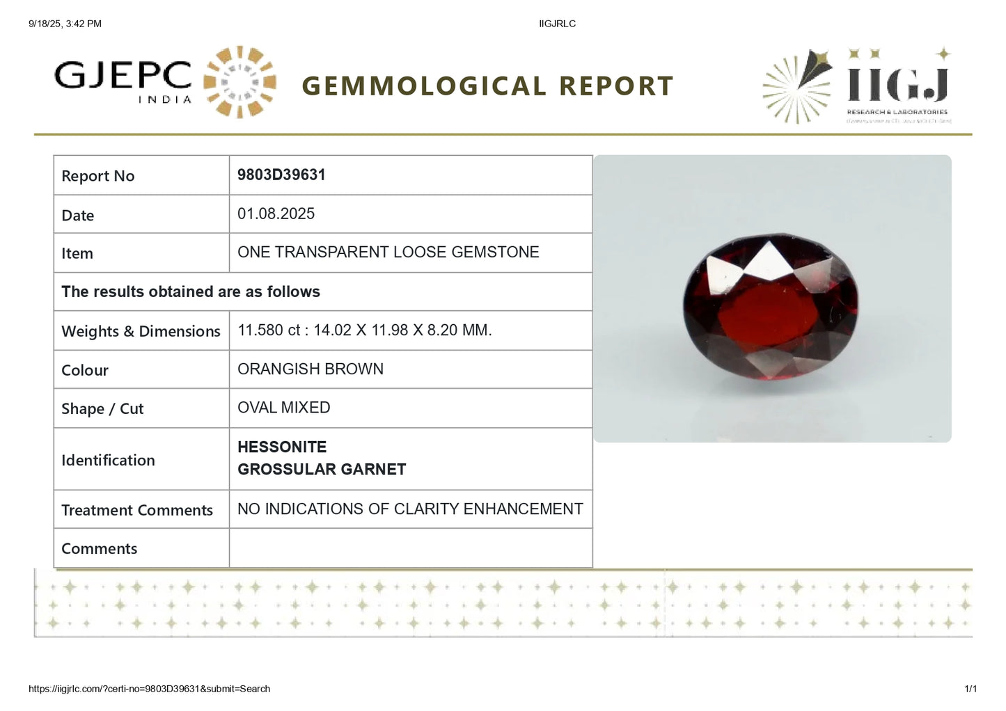 Natural African Hessonite (Gomed) 11.58 Carats