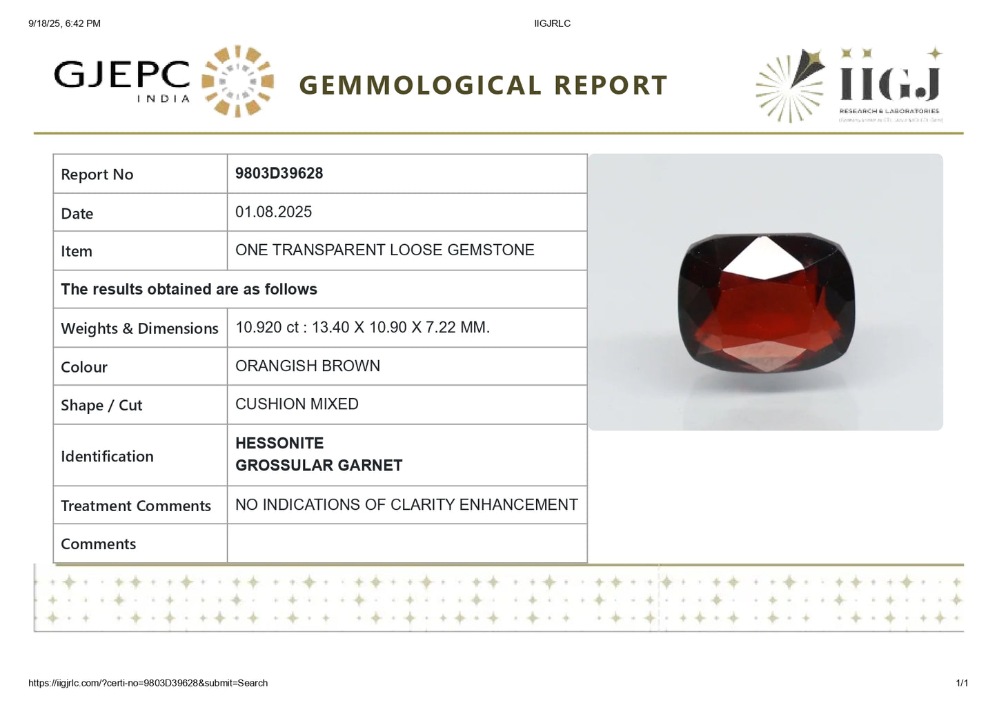 NATURAL HESSONITE (GOMED) 10.92 CARATS