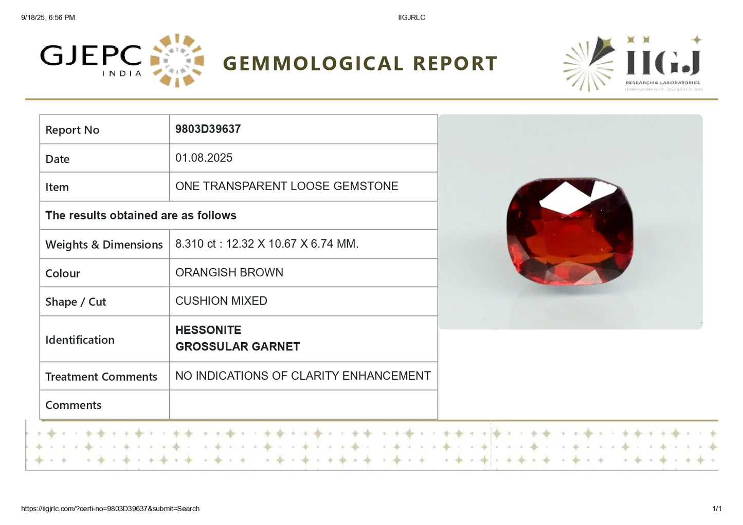 Natural African Hessonite (Gomed) 8.31 Carats