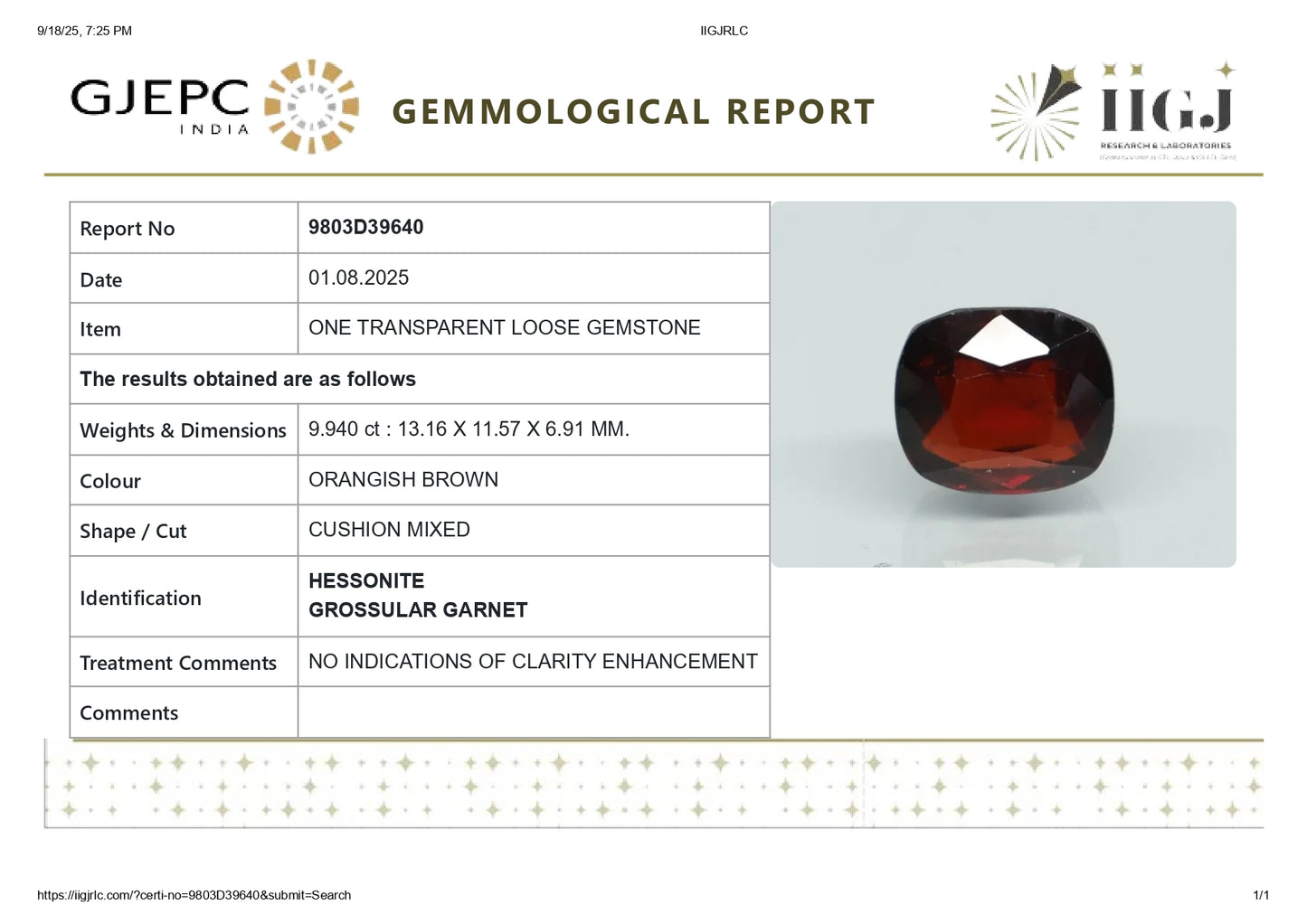 Natural African Hessonite (Gomed) 9.94 Carats