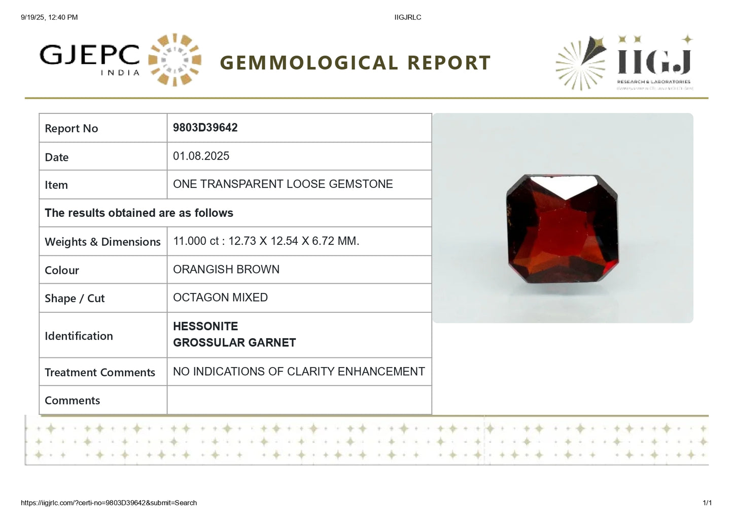 Natural African Hessonite (Gomed) 11.00 Carats