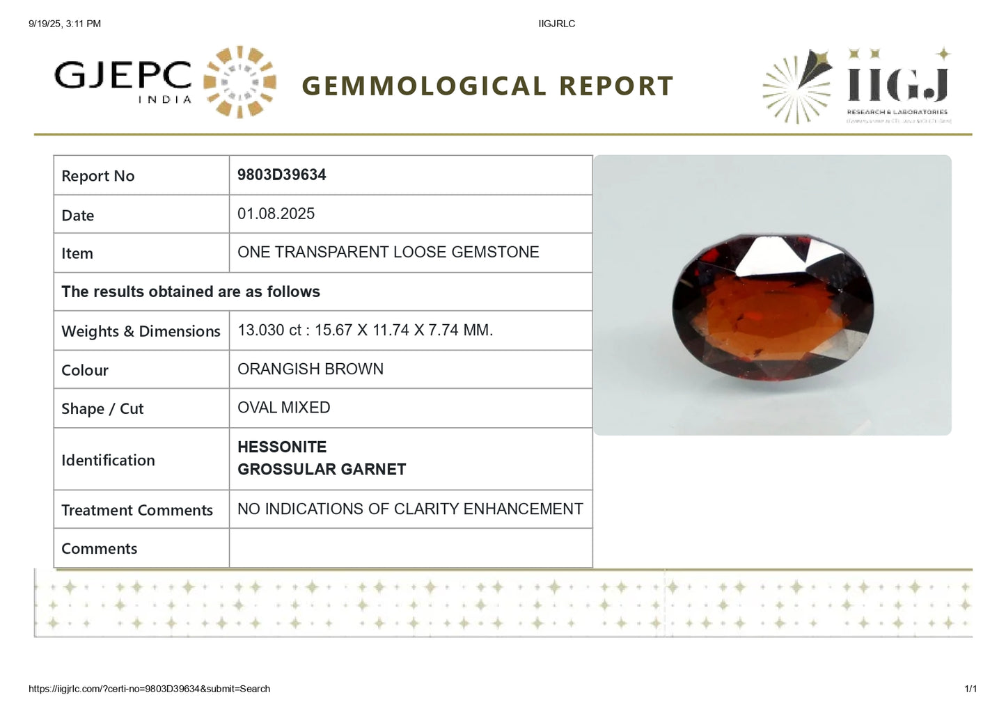 Natural African Hessonite (Gomed) 13.03 Carats