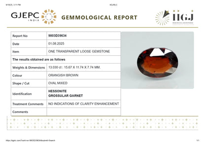 Natural African Hessonite (Gomed) 13.03 Carats