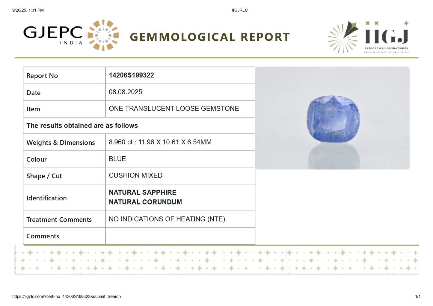 Natural Blue Sapphire (Neelam) 8.96 Carats