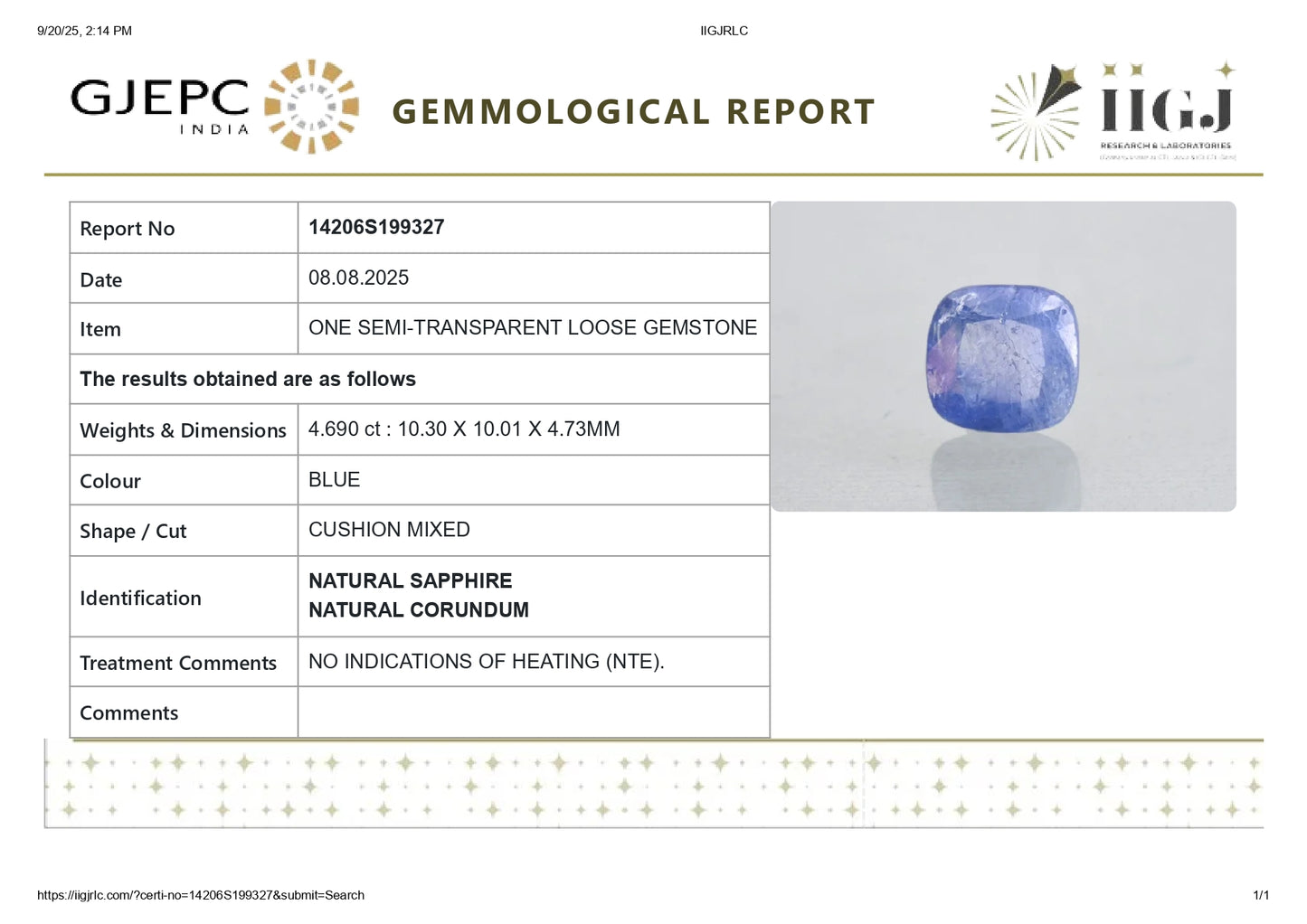 Natural Blue Sapphire (Neelam) 4.69 Carats