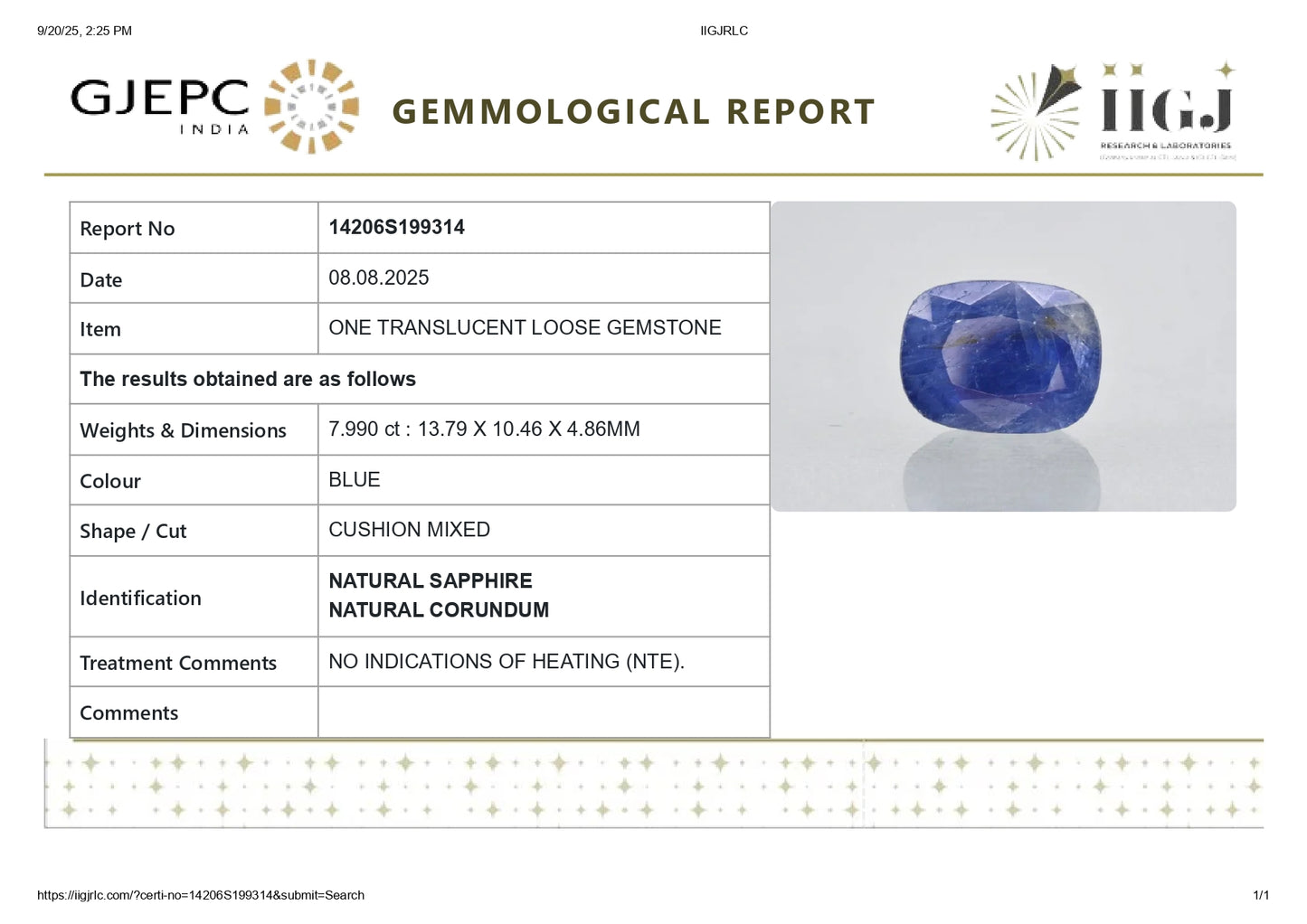 NATURAL BLUE SAPPHIRE (NEELAM) 7.99 CARATS