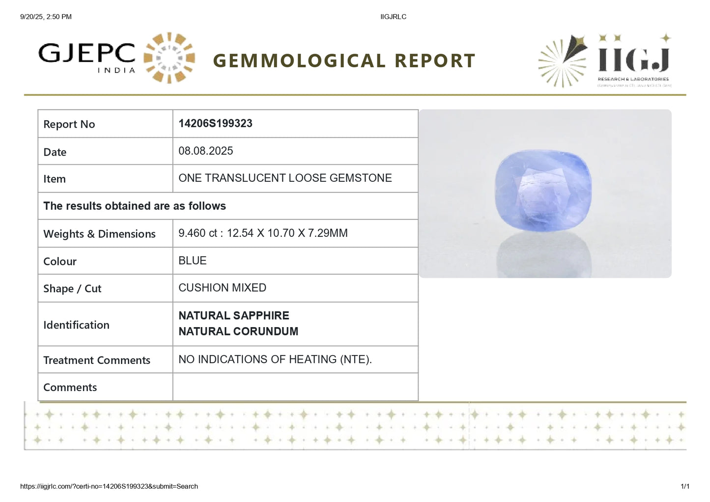 Natural Blue Sapphire (Neelam) 9.46 Carats