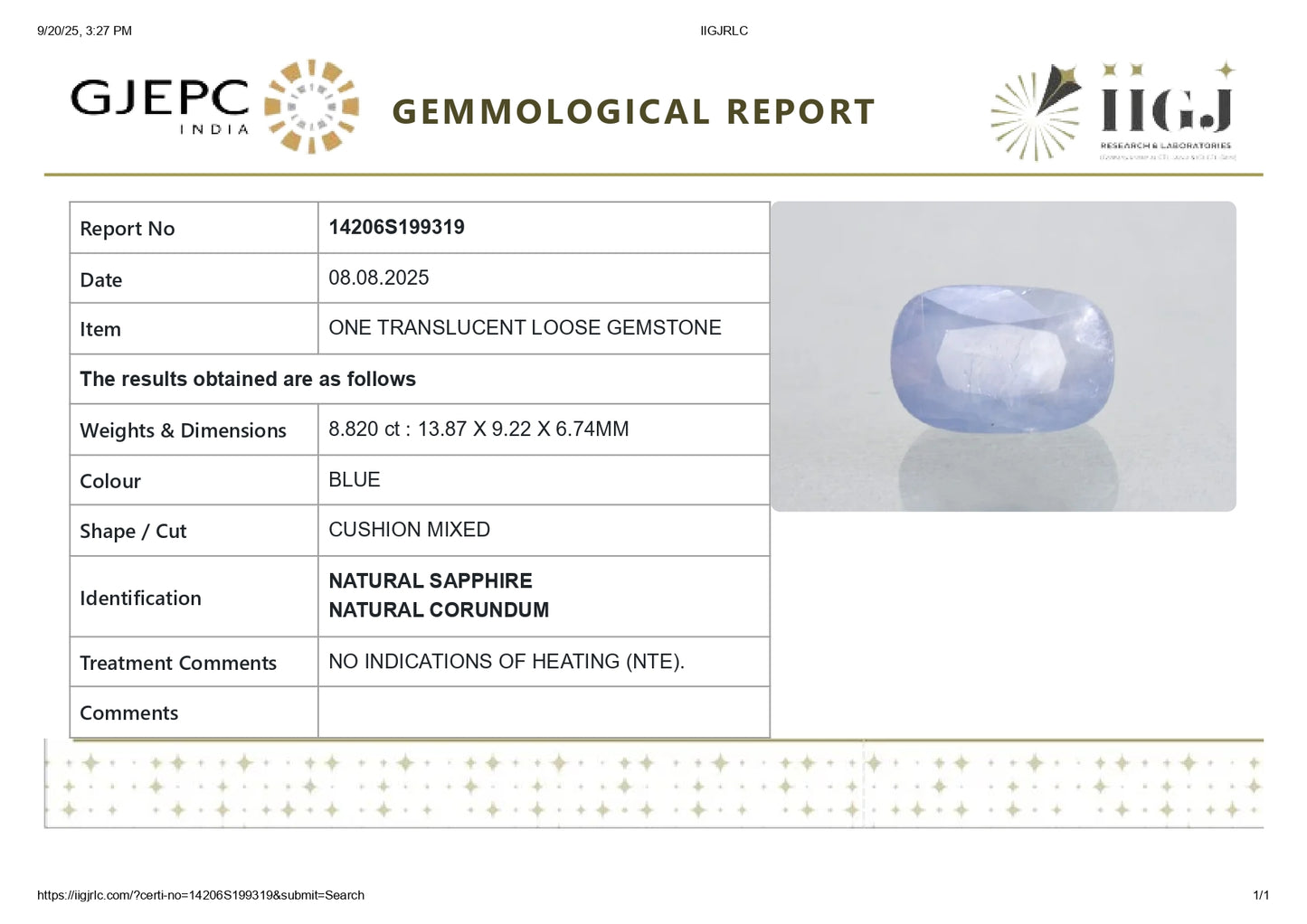 Natural Blue Sapphire (Neelam) 8.82 Carats