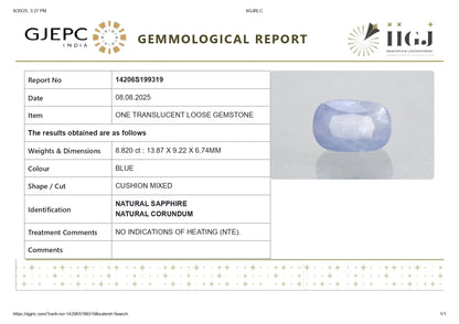 Natural Blue Sapphire (Neelam) 8.82 Carats