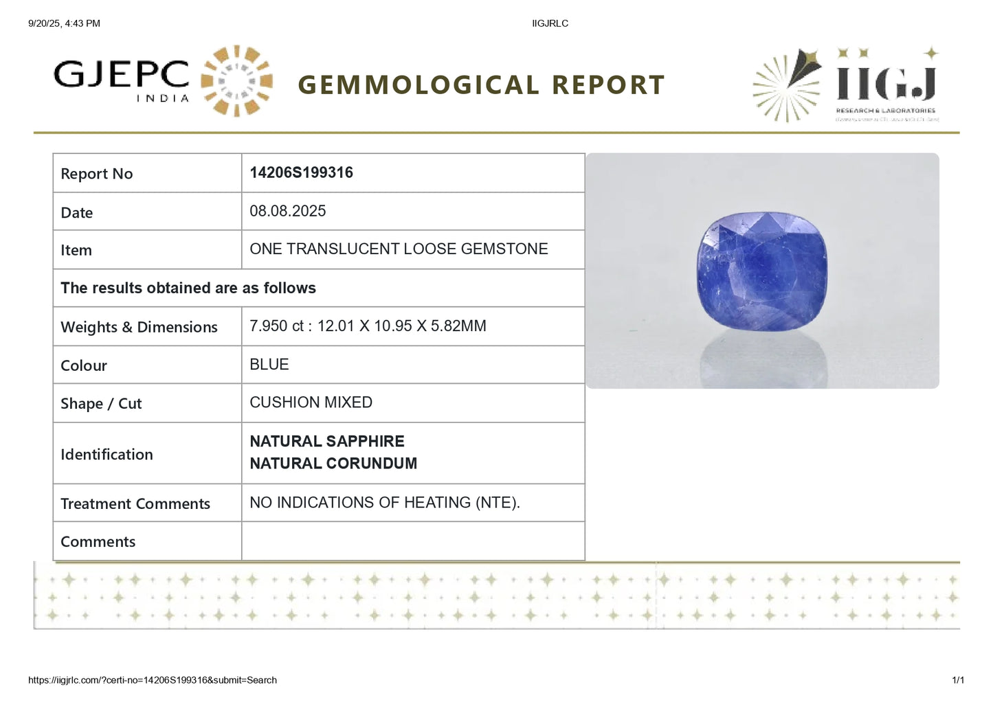 Natural Blue Sapphire (Neelam) 7.95 Carats