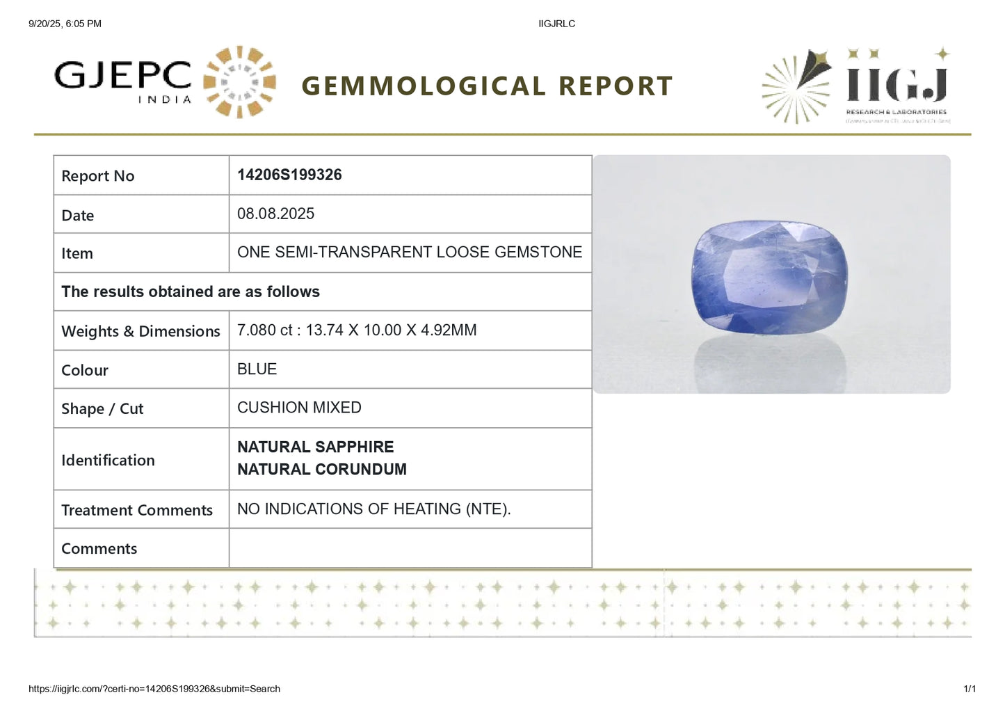 Natural Blue Sapphire (Neelam) 7.08 Carats