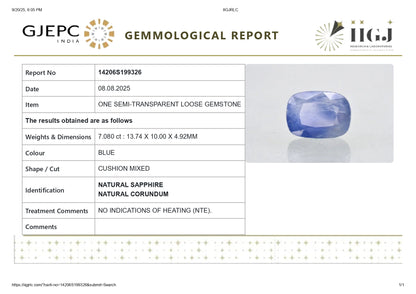 Natural Blue Sapphire (Neelam) 7.08 Carats